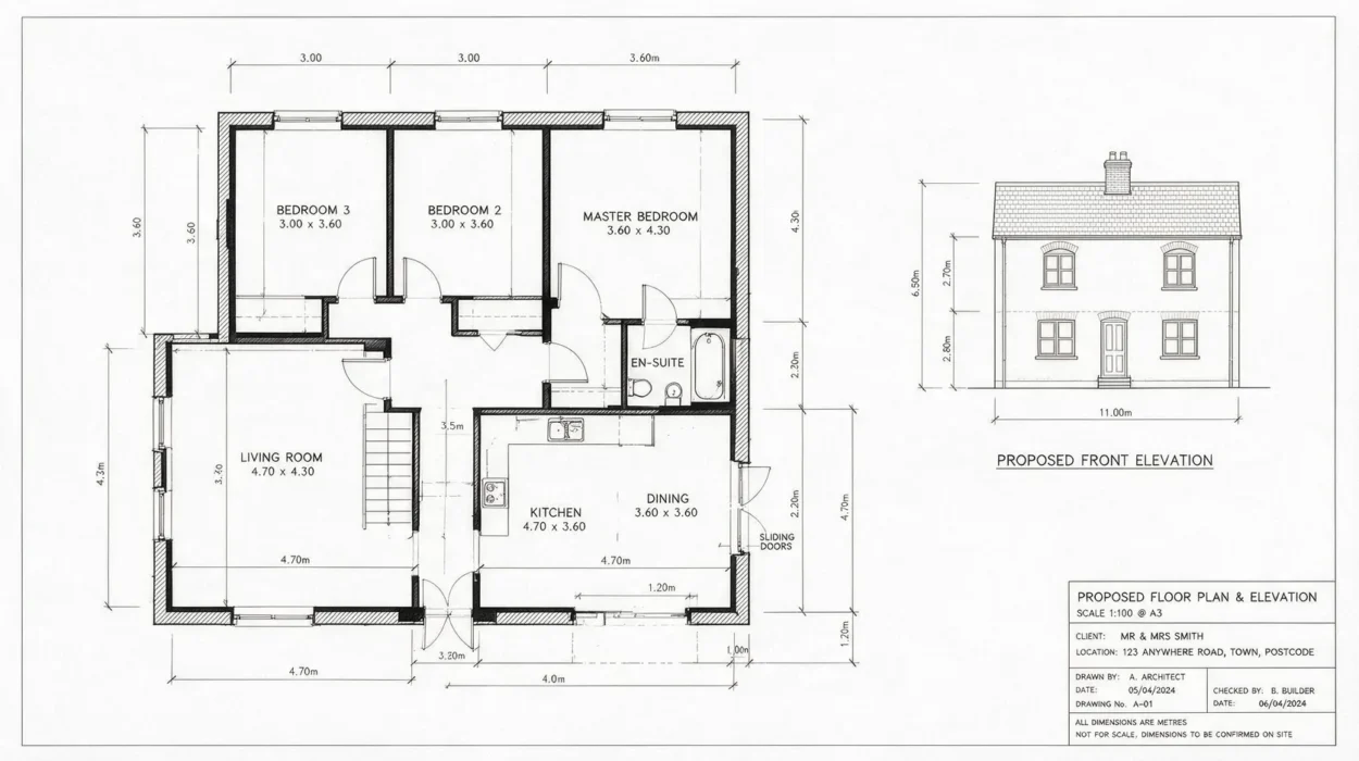 Proposed floor plan and front elevation drawing prepared for a Building Control application