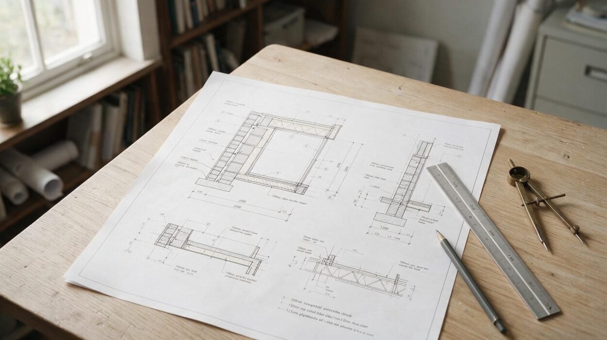Building Regulation drawings on an architect’s desk showing wall build-up, foundation and floor construction details