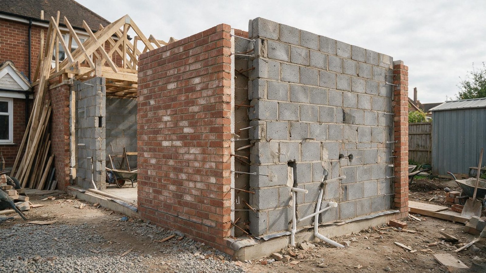 Rear extension under construction showing brick outer leaf, cavity, wall ties and concrete blockwork inner leaf