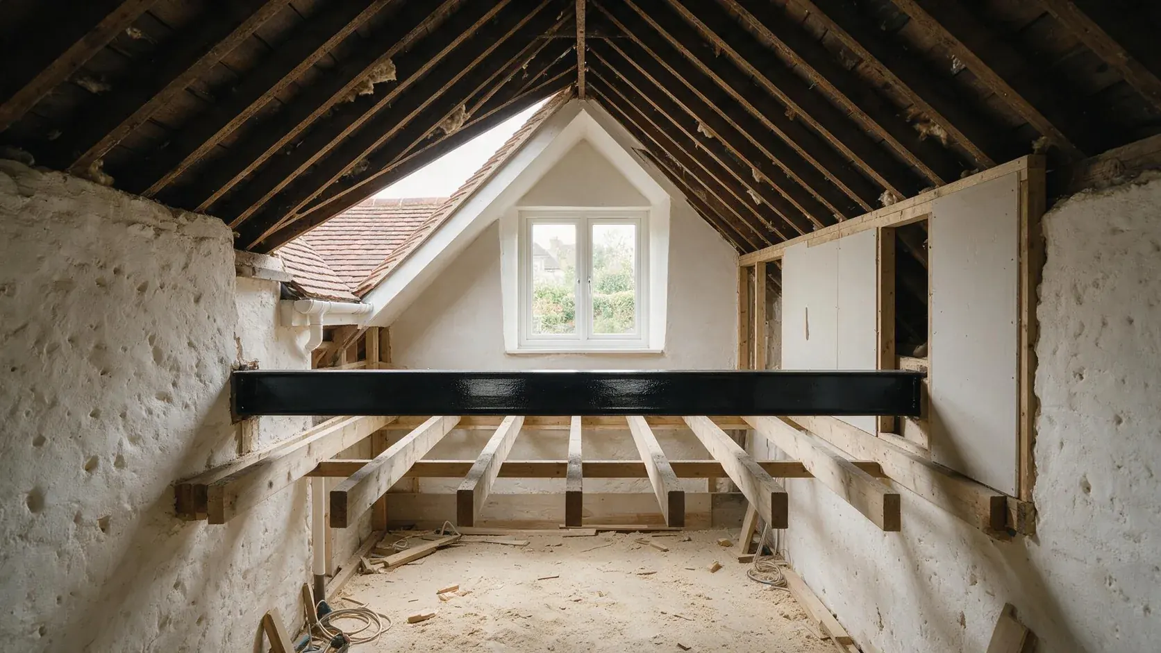 Loft conversion under construction showing structural timber and steelwork