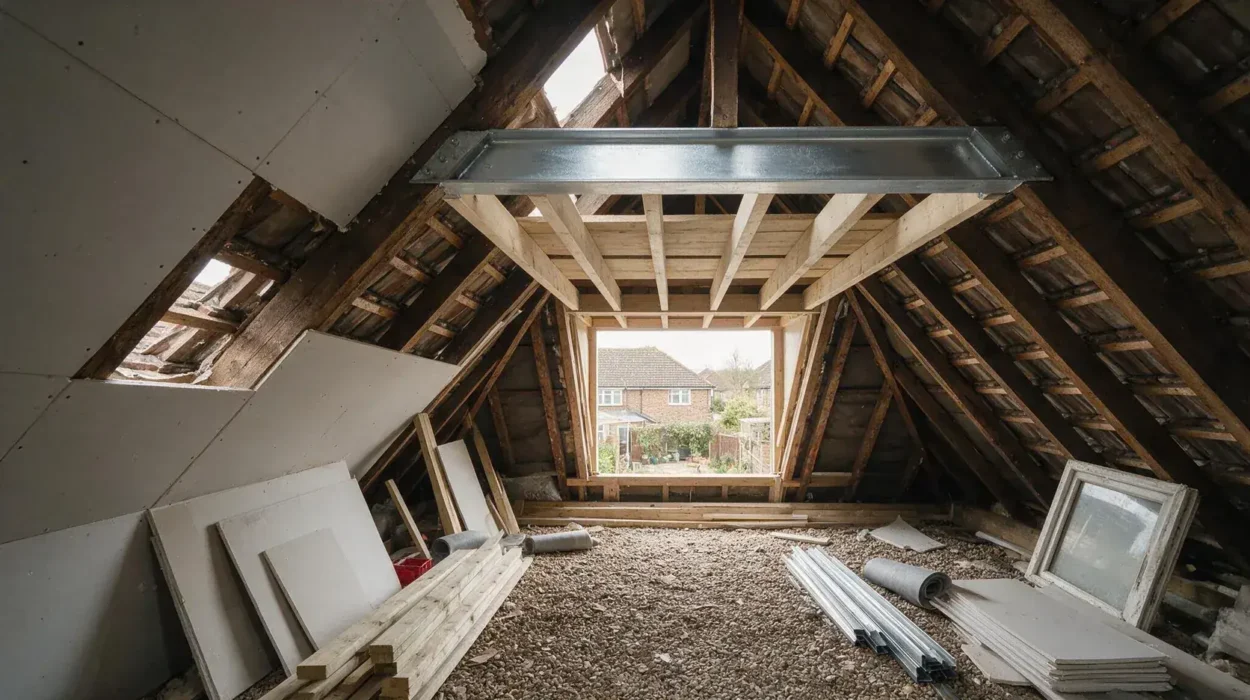 Loft conversion in progress showing a new steel beam and timber floor joists between rafters