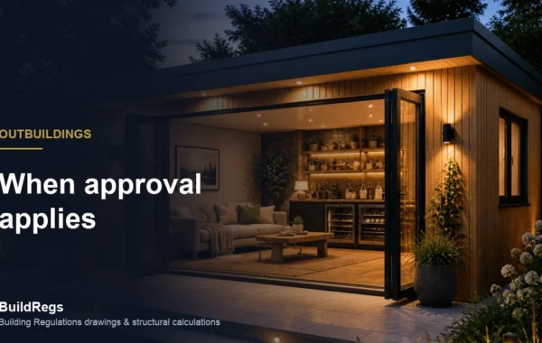 Detached garden room lit at dusk with bifold doors open