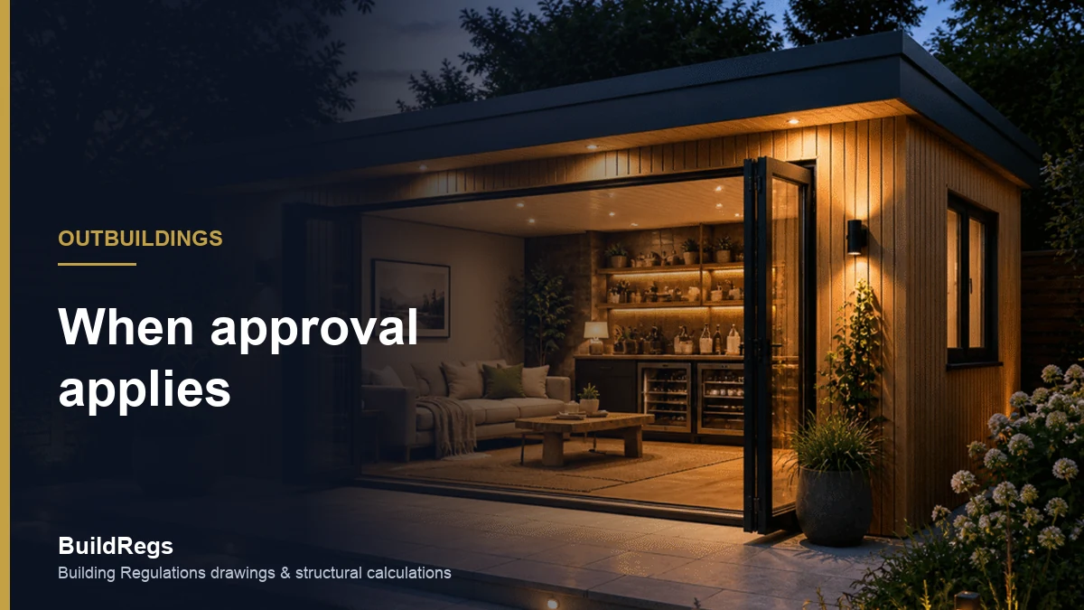 Detached garden room lit at dusk with bifold doors open