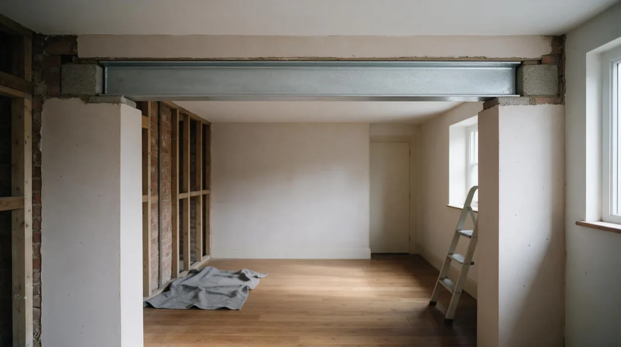 Galvanised steel RSJ beam installed over a structural opening on concrete padstones