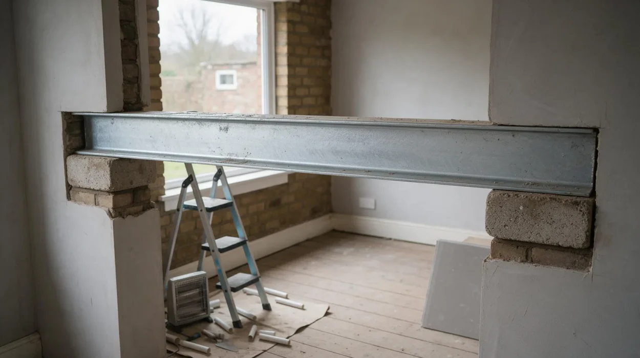 New steel beam carrying the wall above after a load-bearing wall was removed
