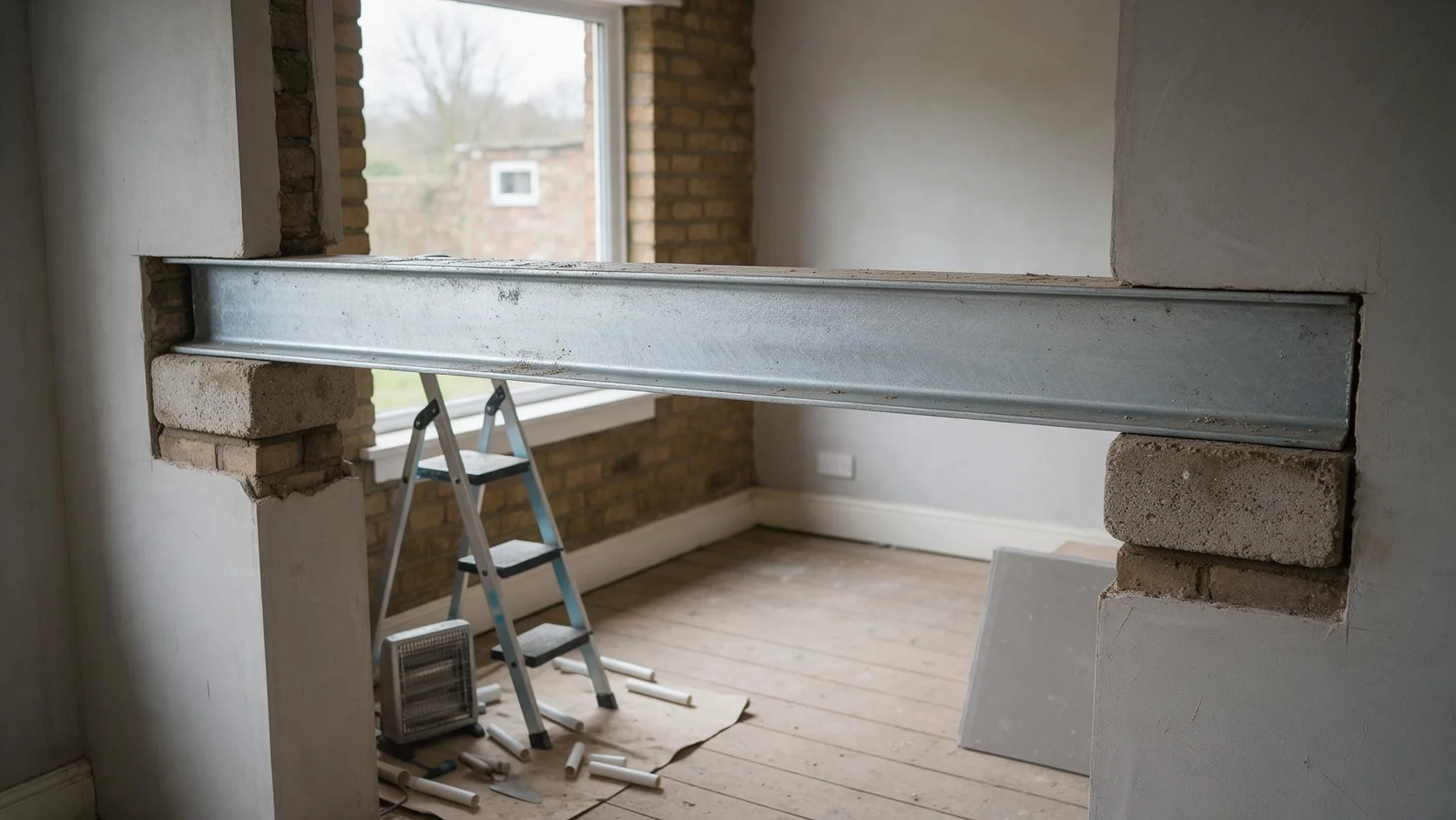 New steel beam carrying the wall above after a load-bearing wall was removed