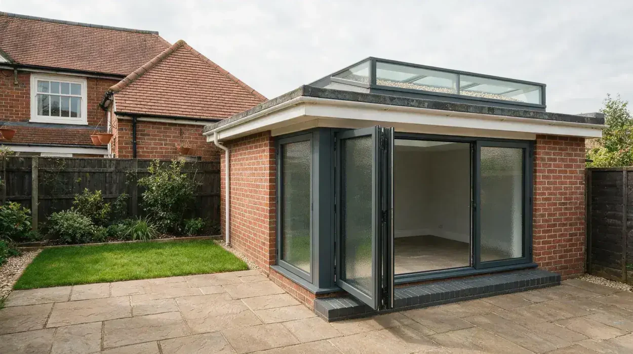 Single-storey rear extension with bifold doors and a flat roof lantern rooflight