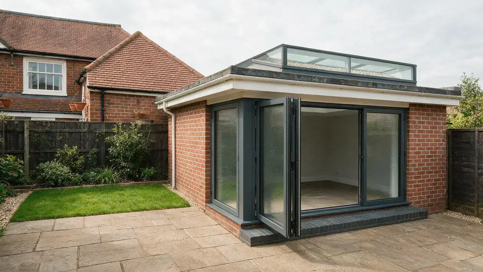 Single-storey rear extension with bifold doors and a flat roof lantern rooflight