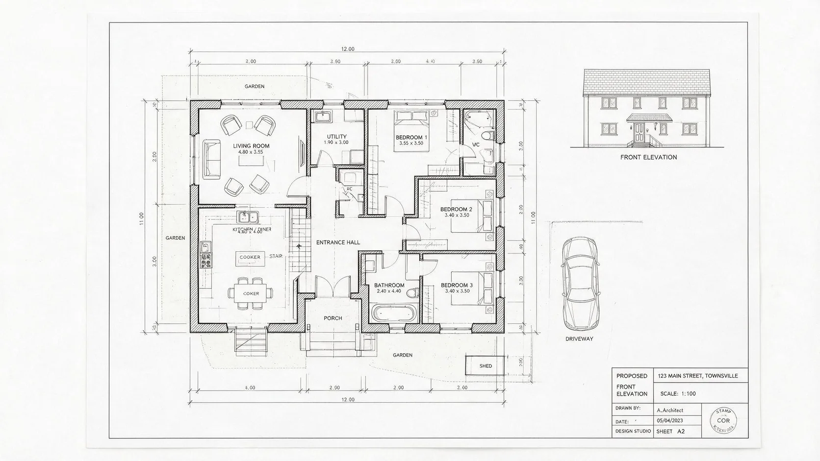 Floor plan drawing showing room layout and dimensions for a single-storey extension