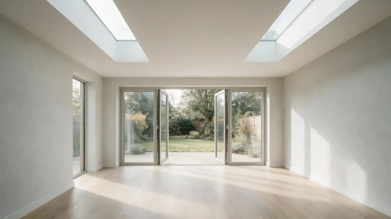 Completed single-storey rear extension interior with bifold doors and rooflights