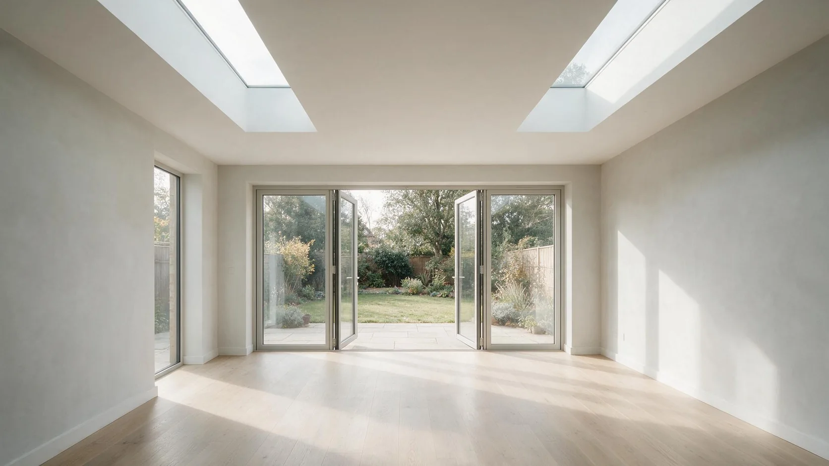 Completed single-storey rear extension interior with bifold doors and rooflights