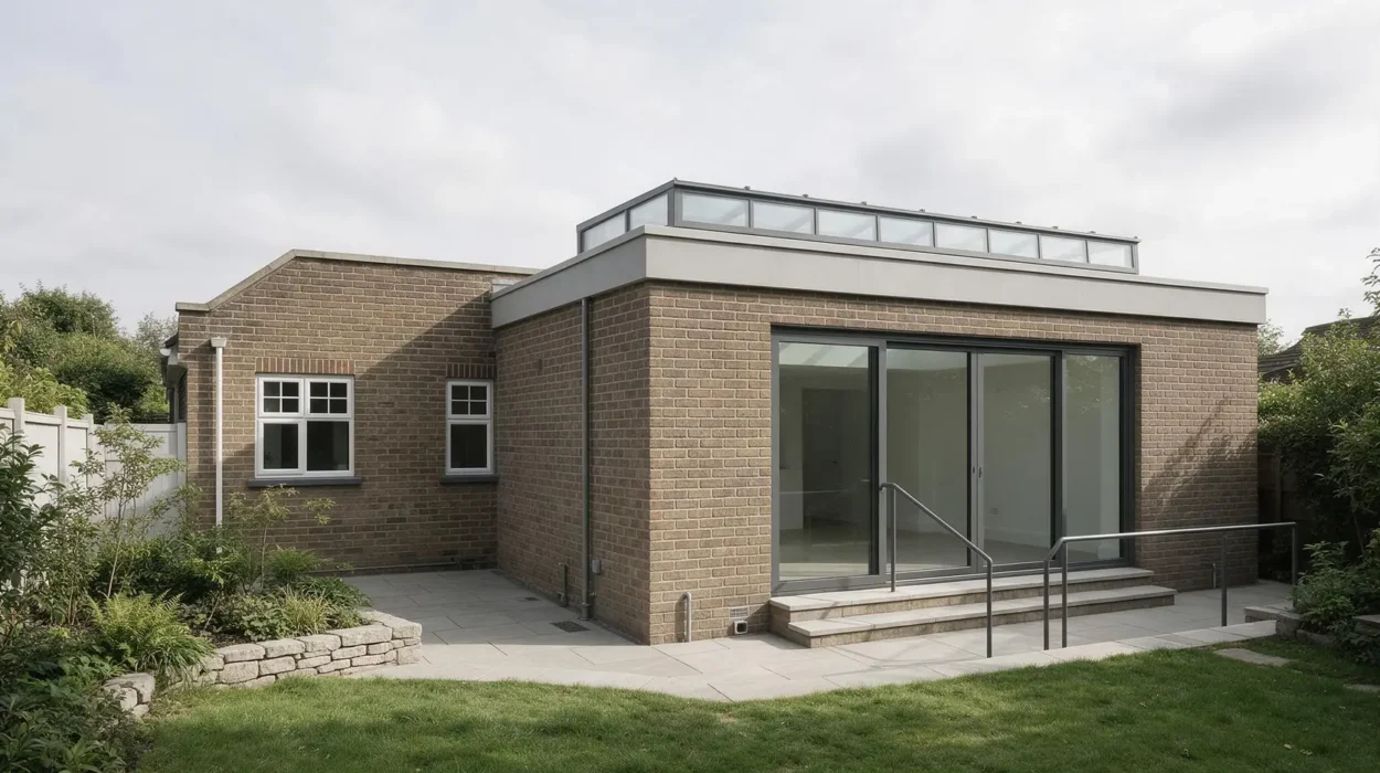 Completed single-storey rear extension with a glazed lantern and sliding doors