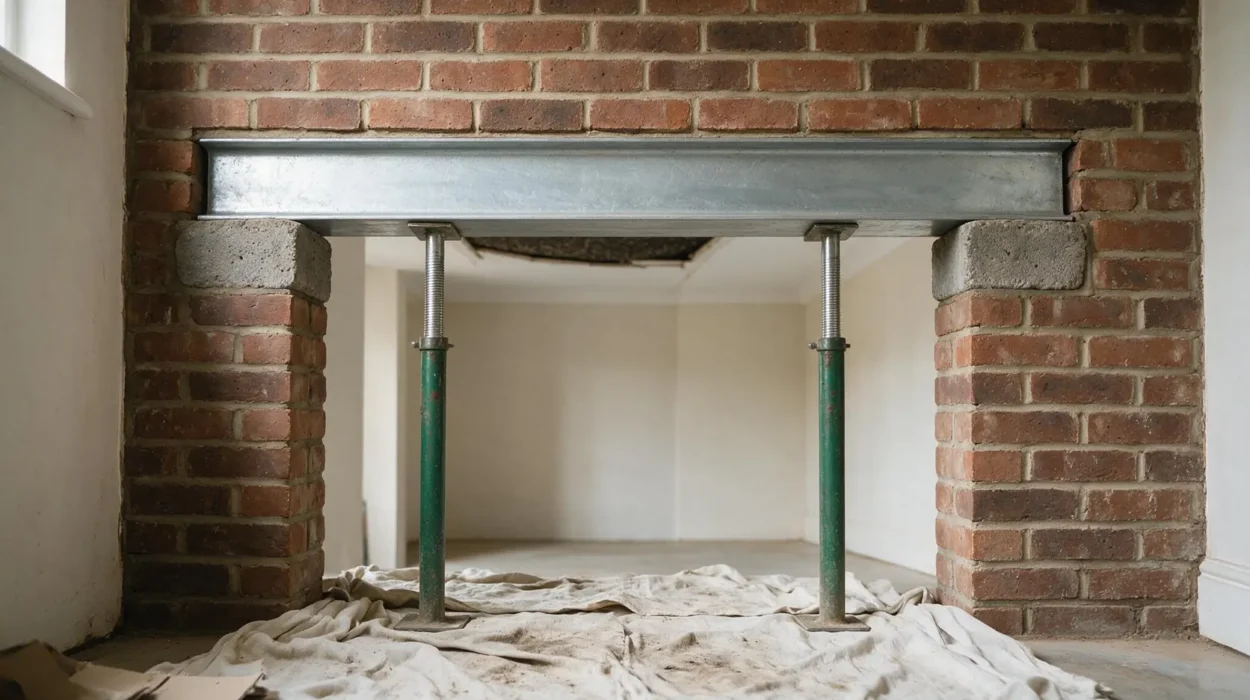 Steel beam installed over a structural opening where a load-bearing wall has been removed