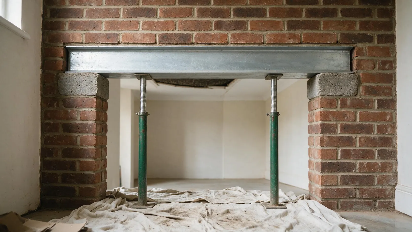 Steel beam installed over a structural opening where a load-bearing wall has been removed