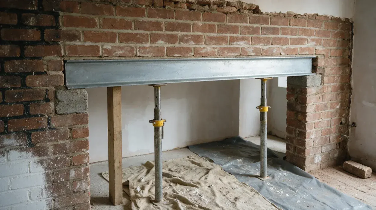 Steel beam installed over a structural opening and supported on concrete padstones