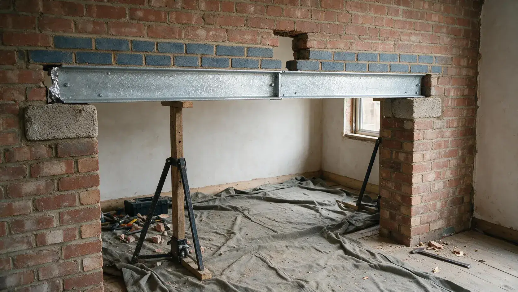 Structural beam supporting the masonry above a widened opening in a domestic wall