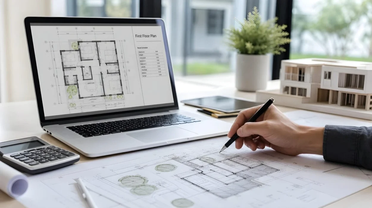 Architectural plans and drawing tools on a desk