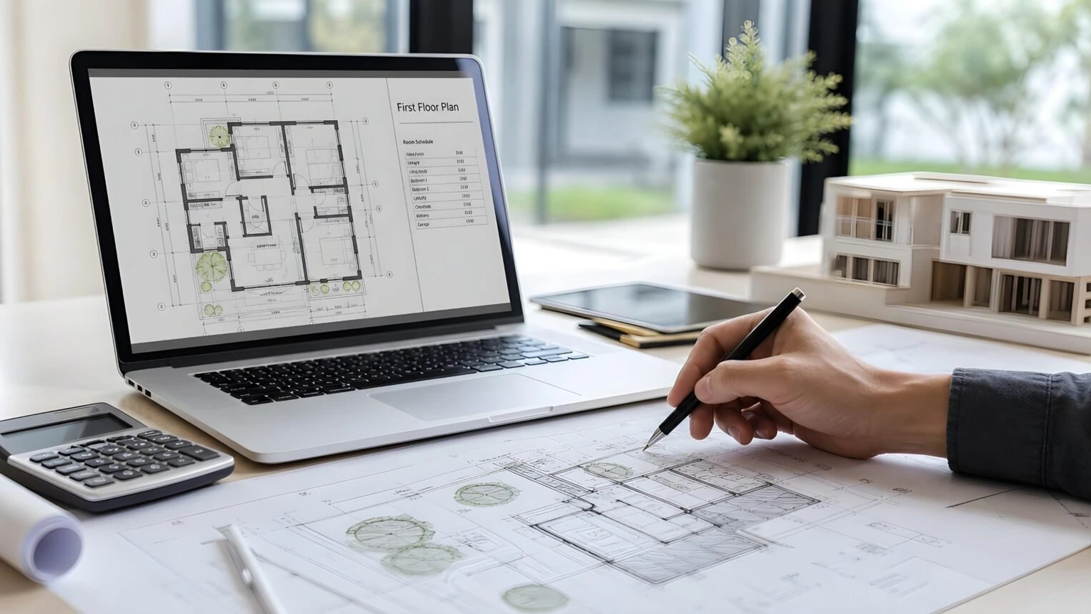 Architectural plans and drawing tools on a desk