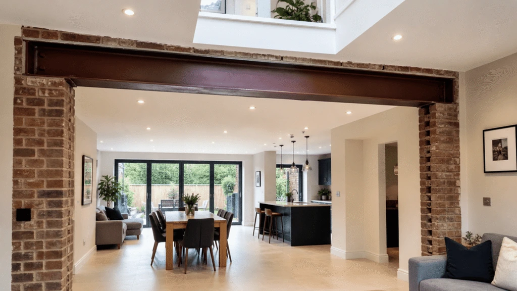 Steel beam spanning a structural opening between two rooms