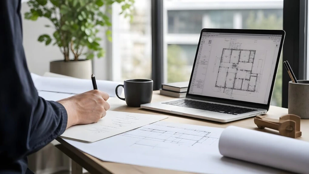 Structural calculations and drawings on a desk