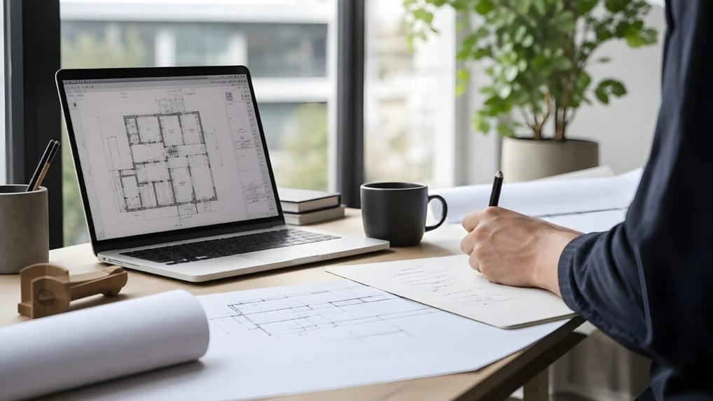 Desk with drawings while structural calculations are prepared