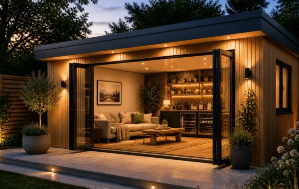 Detached garden room lit at dusk with bifold doors open