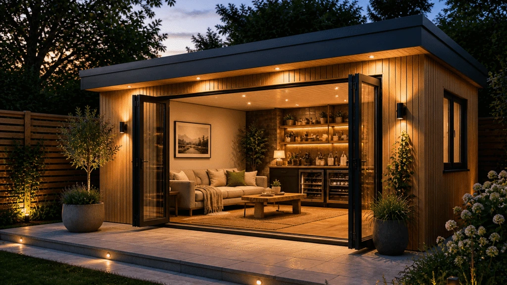 Detached garden room lit at dusk with bifold doors open