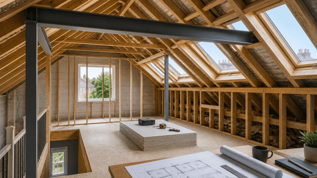 Steel beam and new floor joists in a loft conversion