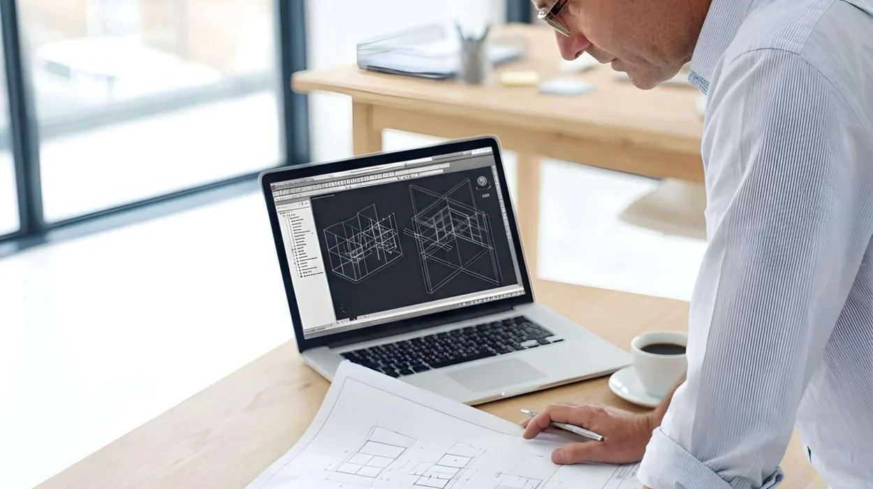 Structural engineer working from drawings on screen