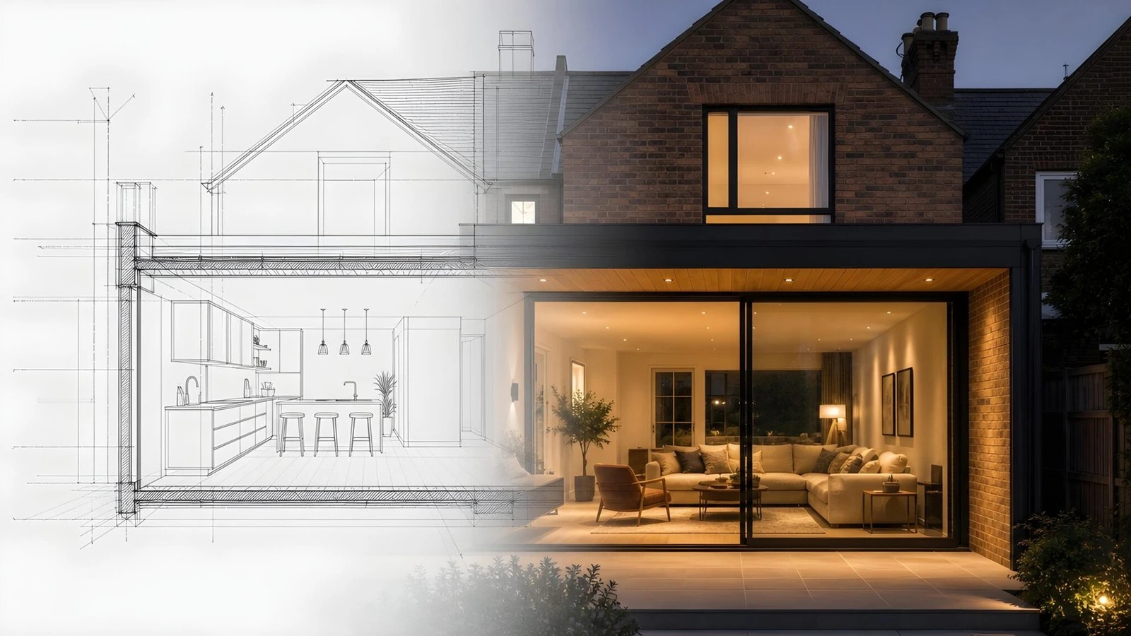 House extension shown as drawing and finished build