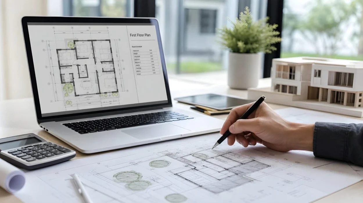 Architectural plans laid out on a desk