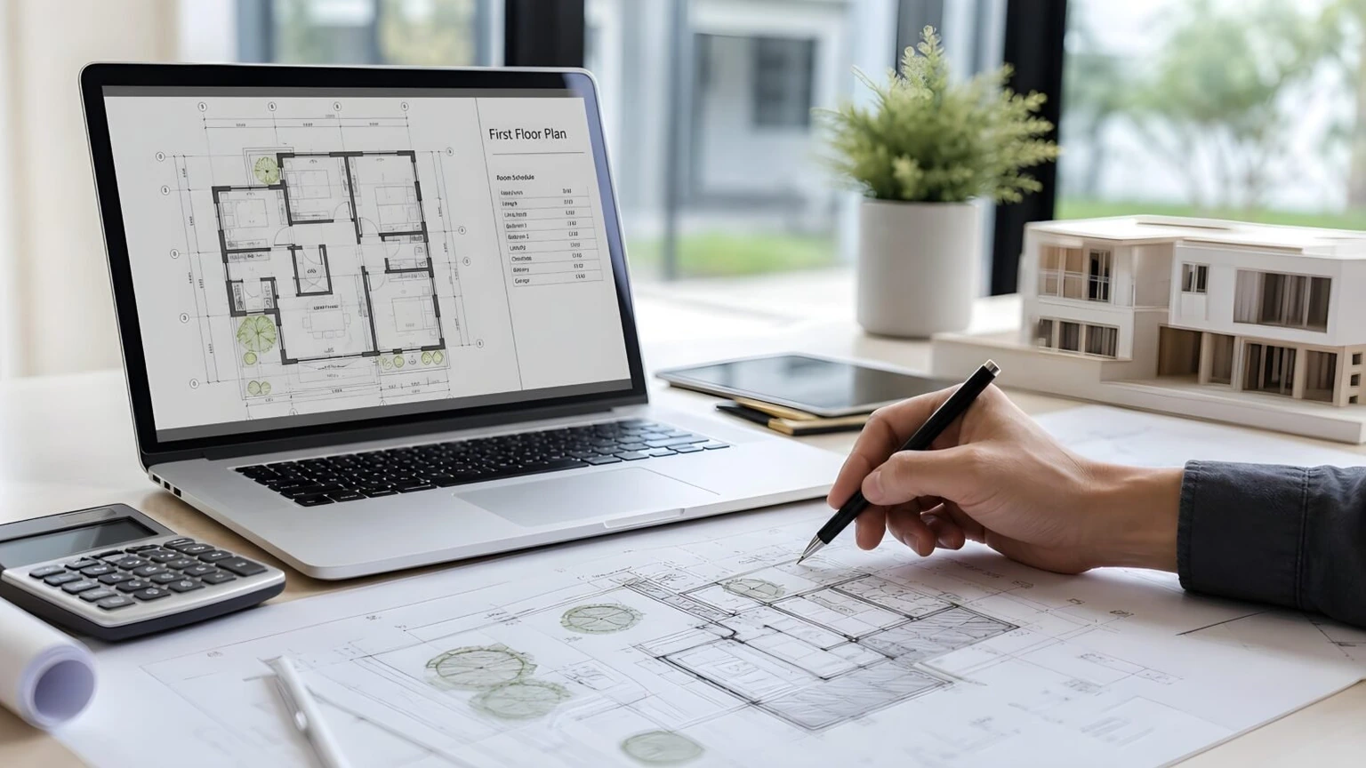 Architectural plans laid out on a desk
